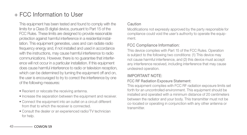 Fcc information to user | COWON S9 User Manual | Page 43 / 45