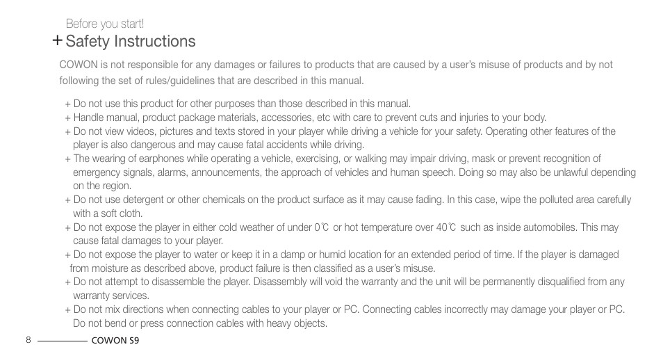 Safety instructions | COWON S9 User Manual | Page 8 / 45