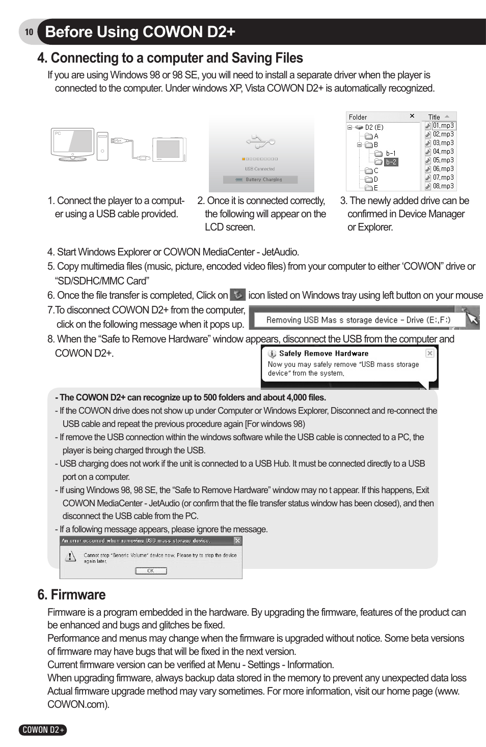 Before using cowon d2, Connecting to a computer and saving files, Firmware | COWON D2 User Manual | Page 10 / 26