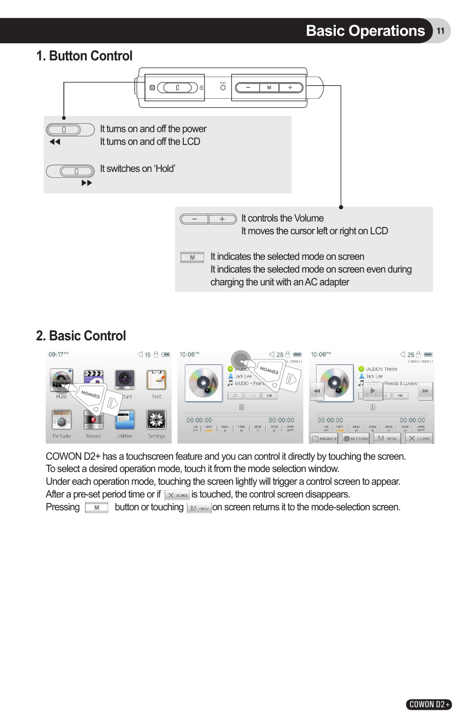 Basic operations, Button control, Basic control | COWON D2 User Manual | Page 11 / 26