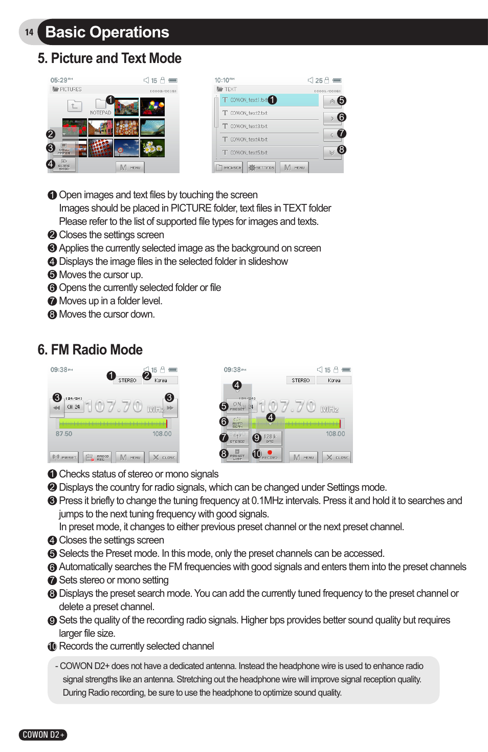 Basic operations, Fm radio mode, Picture and text mode | COWON D2 User Manual | Page 14 / 26