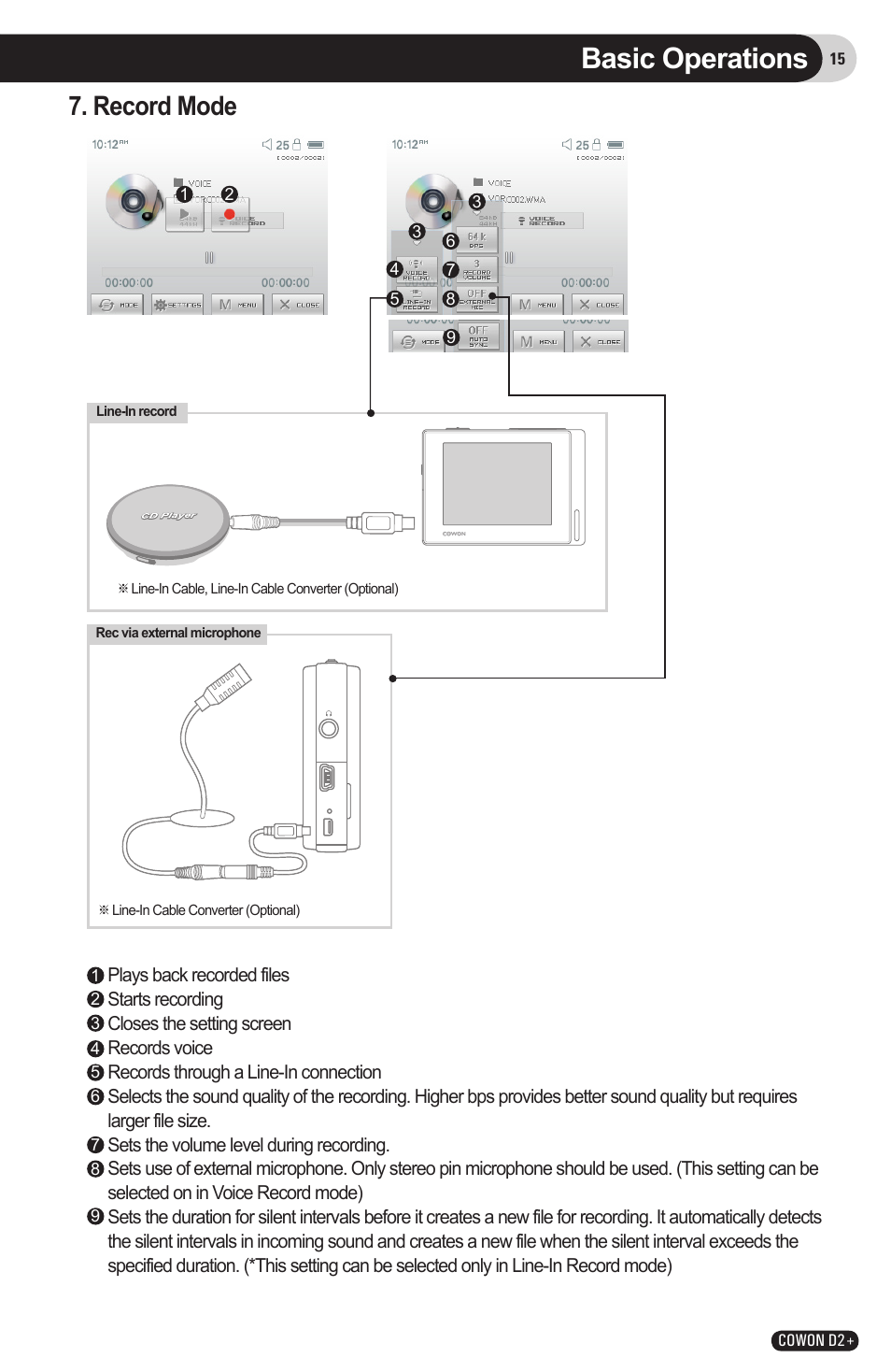 Basic operations, Record mode | COWON D2 User Manual | Page 15 / 26