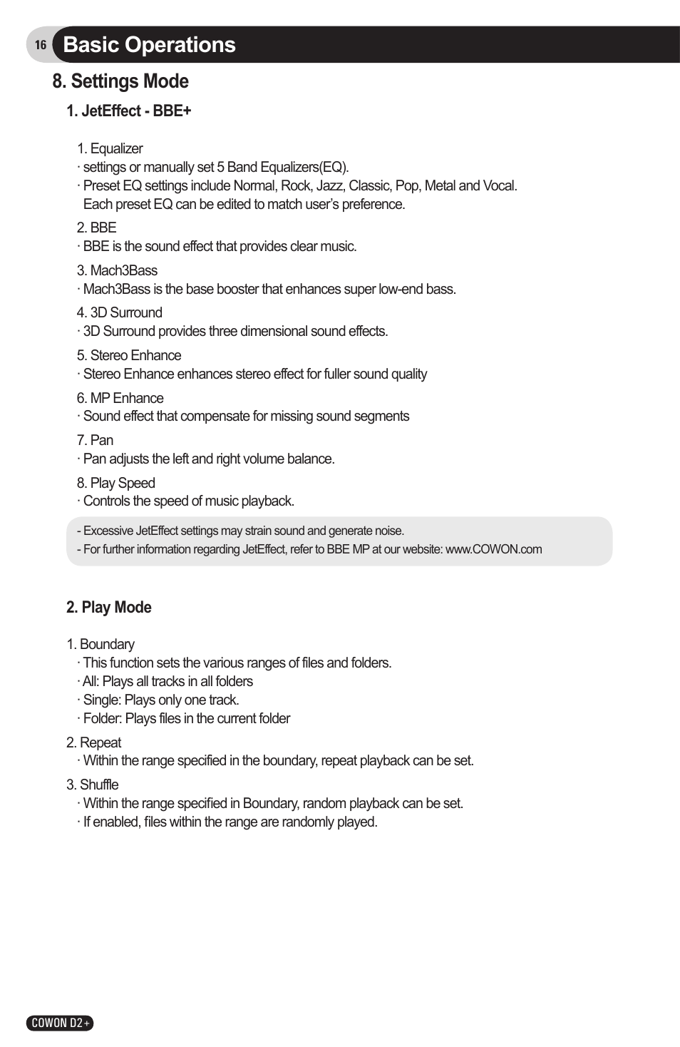 Basic operations, Settings mode | COWON D2 User Manual | Page 16 / 26