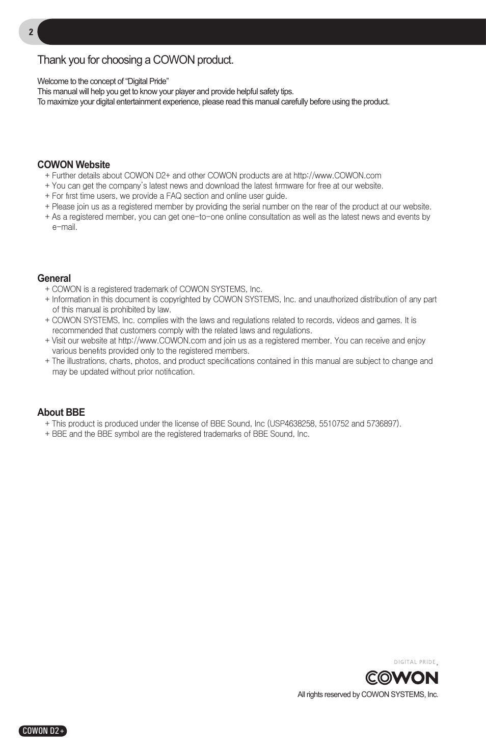 COWON D2 User Manual | Page 2 / 26