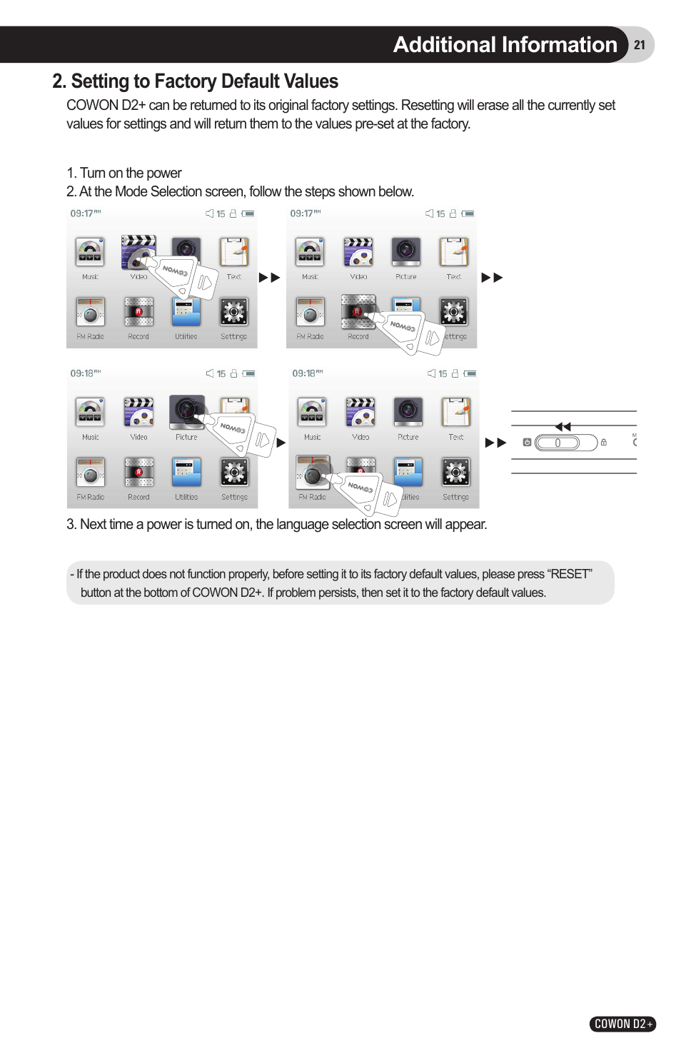 Additional information, Setting to factory default values | COWON D2 User Manual | Page 21 / 26