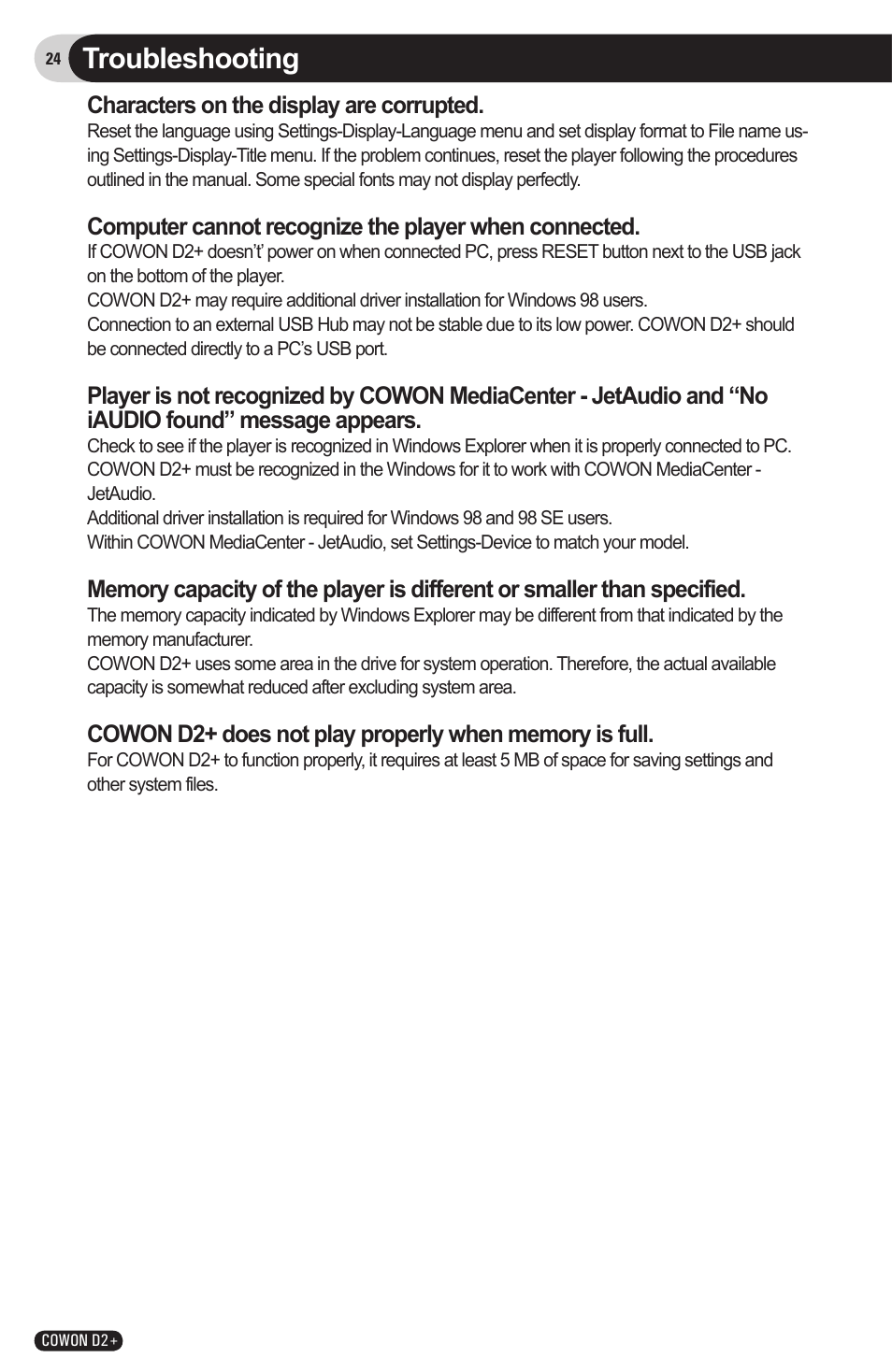 Troubleshooting, Characters on the display are corrupted | COWON D2 User Manual | Page 24 / 26