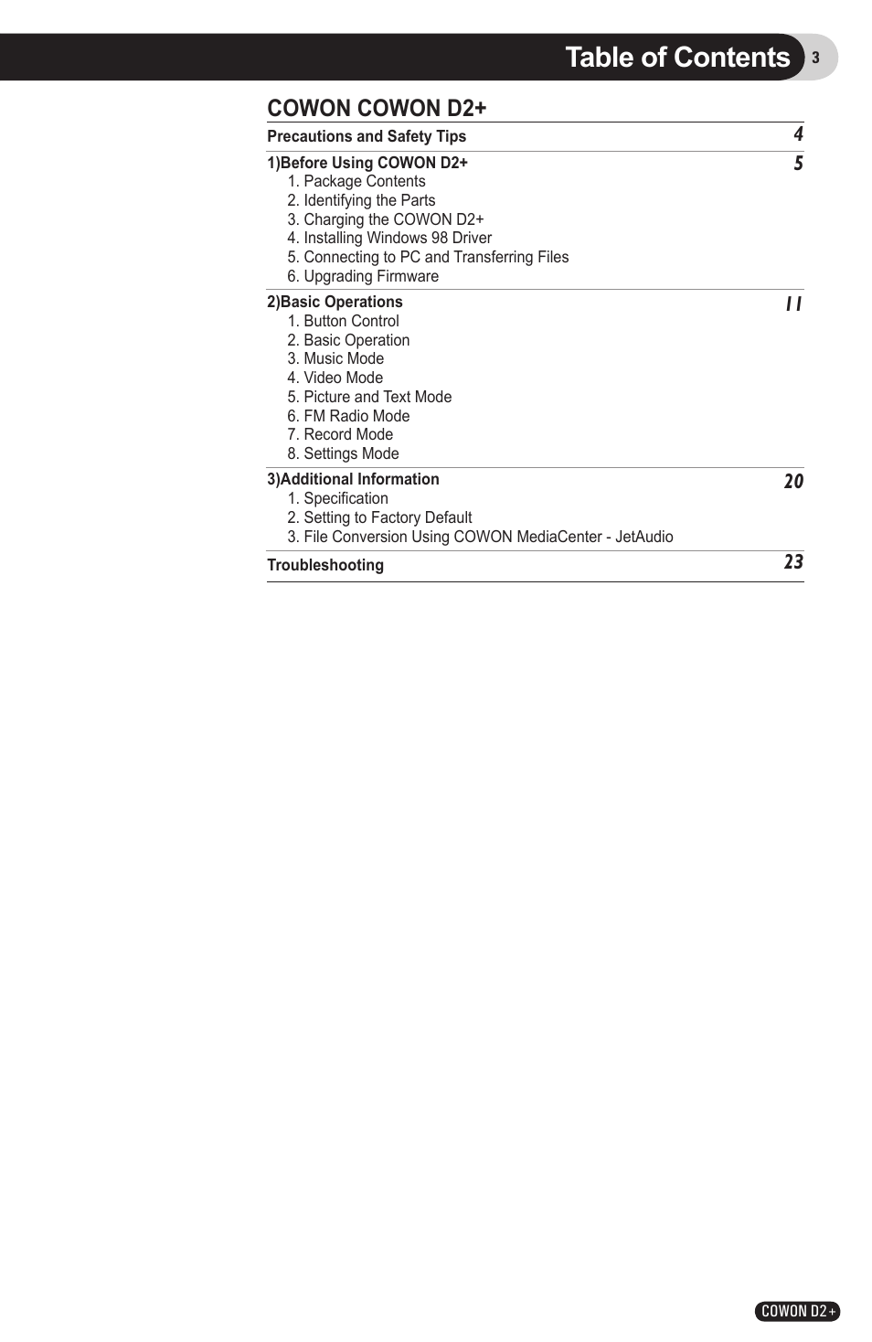 COWON D2 User Manual | Page 3 / 26