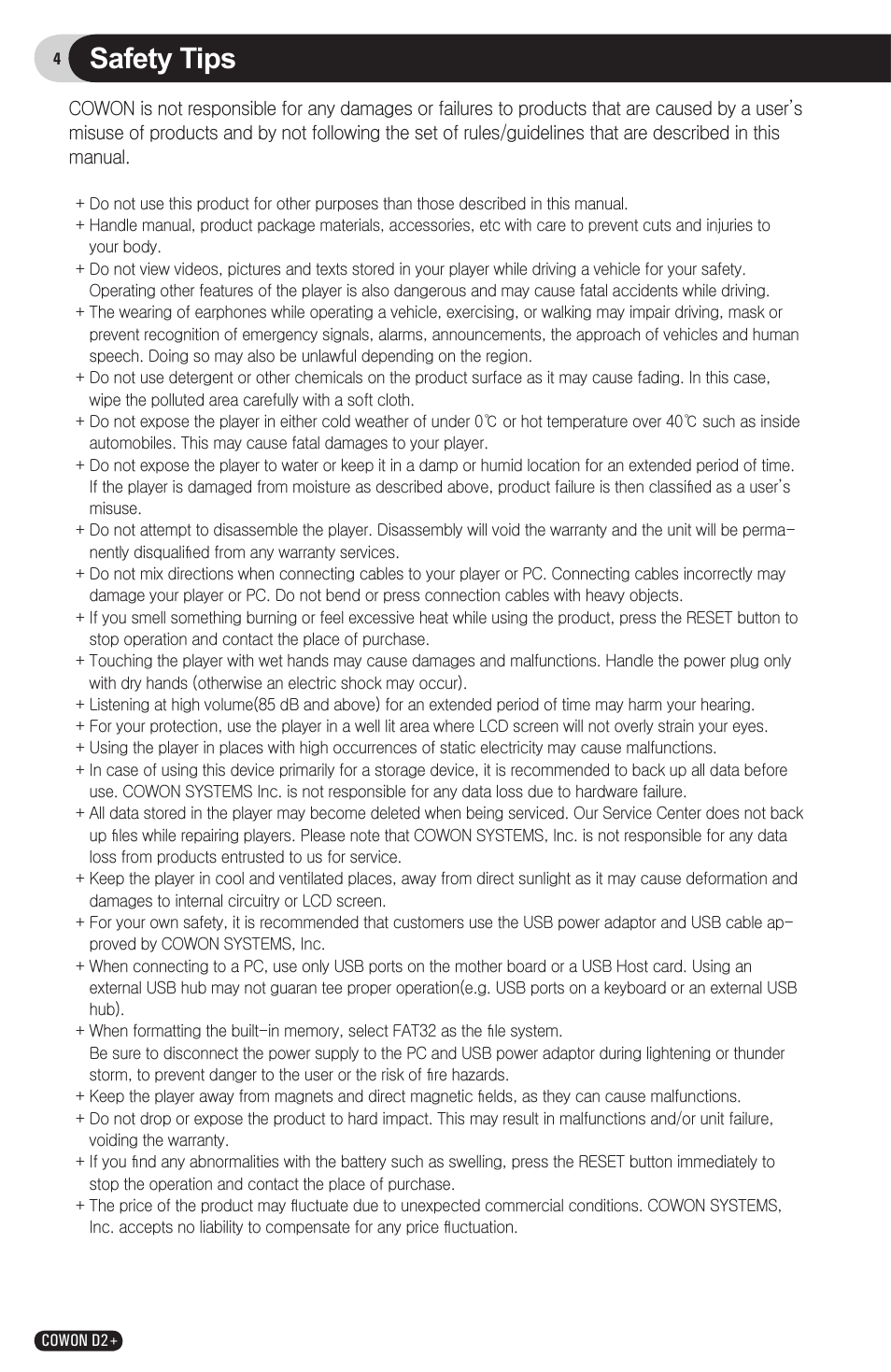 Safety tips | COWON D2 User Manual | Page 4 / 26