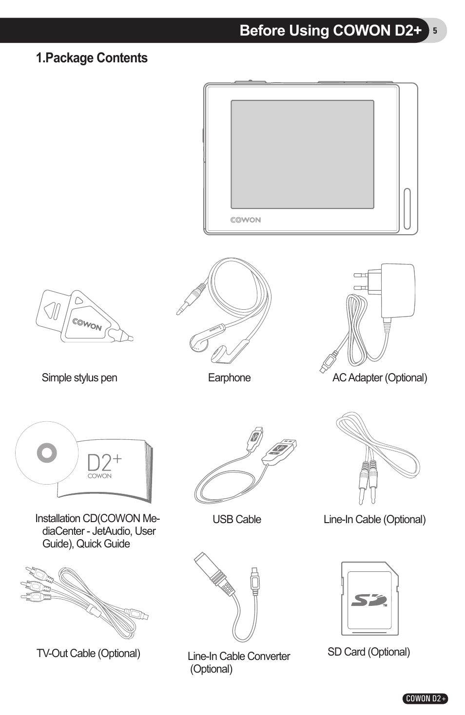 Before using cowon d2, Package contents | COWON D2 User Manual | Page 5 / 26