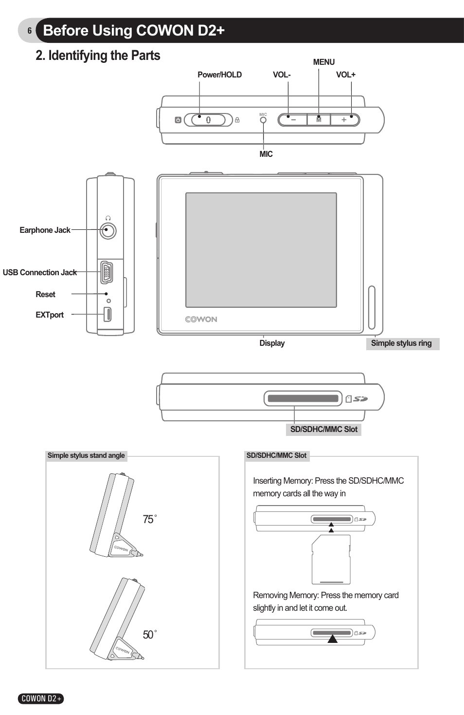 Before using cowon d2, Identifying the parts | COWON D2 User Manual | Page 6 / 26