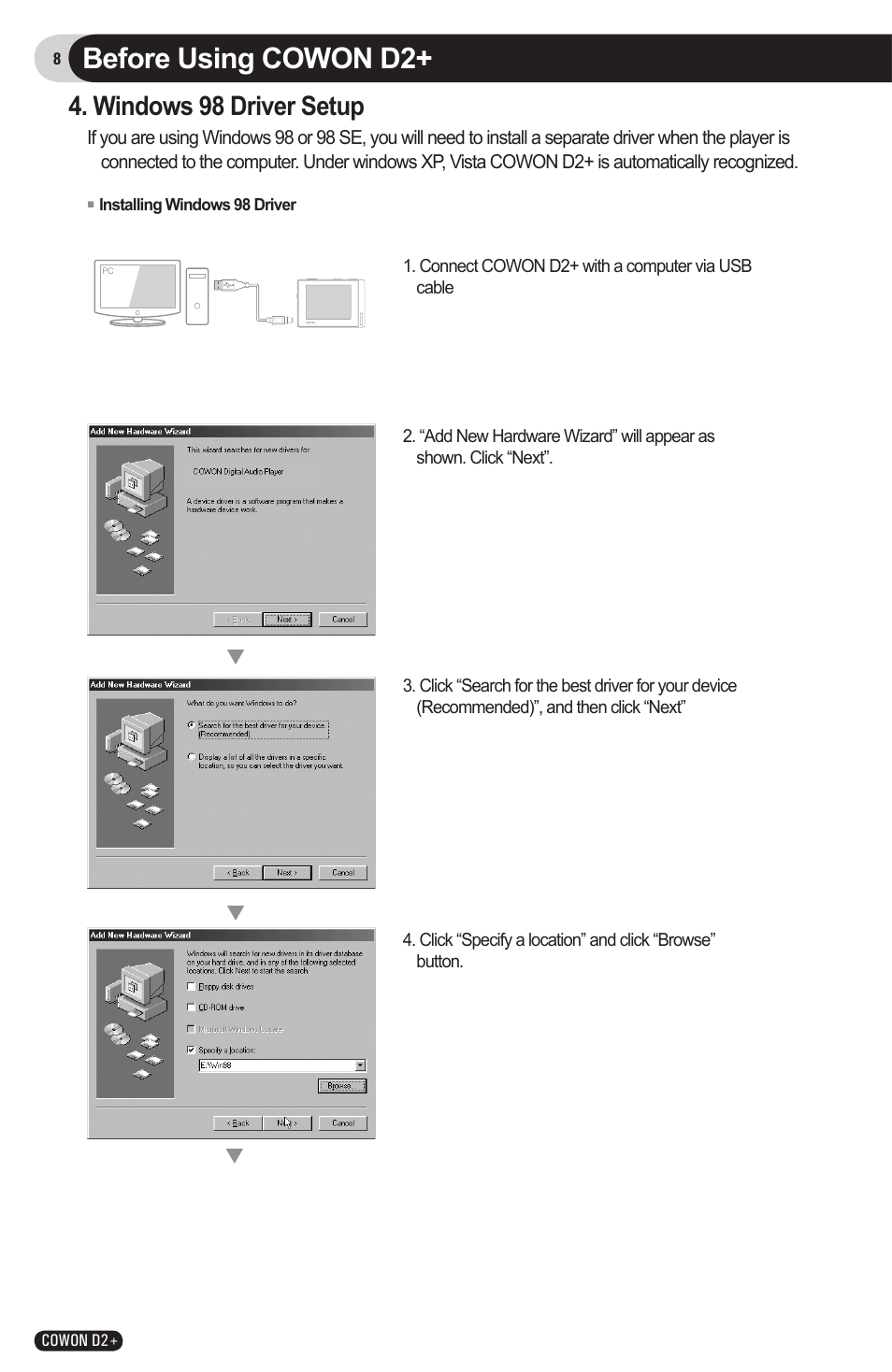 Before using cowon d2, Windows 98 driver setup | COWON D2 User Manual | Page 8 / 26