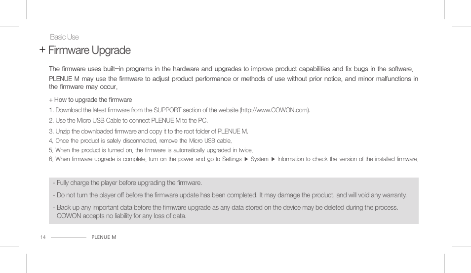 Firmware upgrade | COWON PLENUE M User Manual | Page 14 / 25