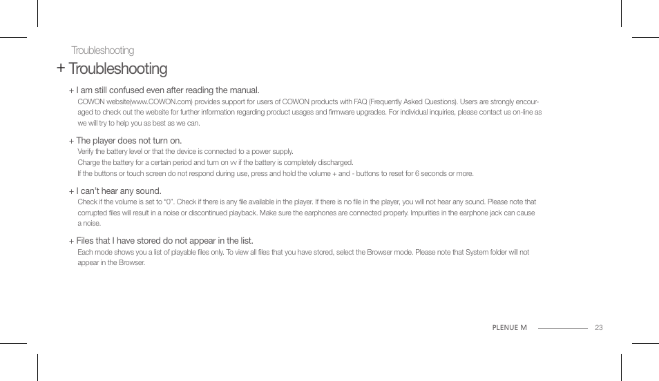 Troubleshooting | COWON PLENUE M User Manual | Page 23 / 25