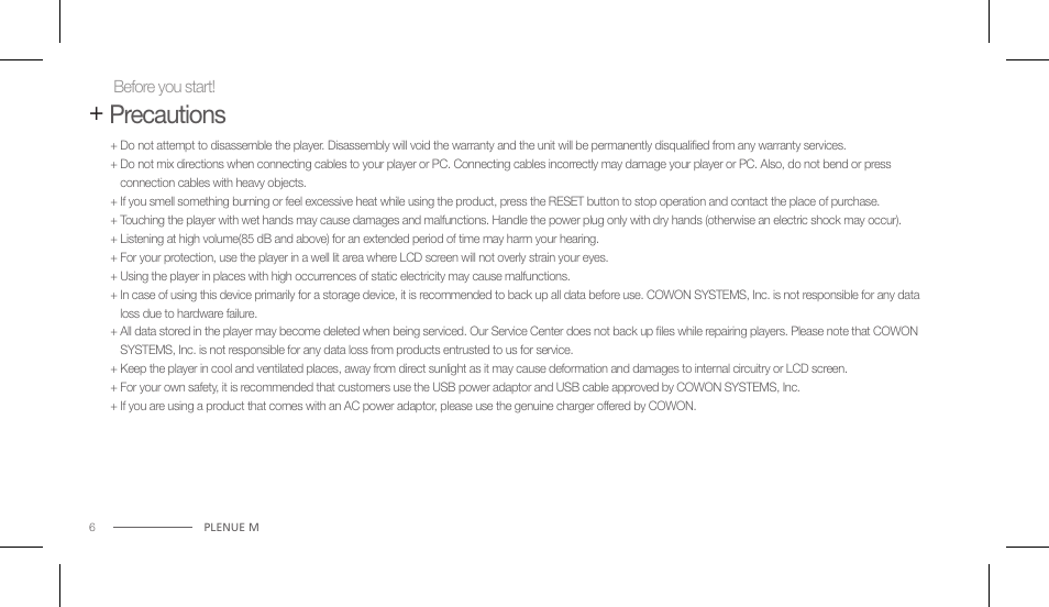 Precautions | COWON PLENUE M User Manual | Page 6 / 25