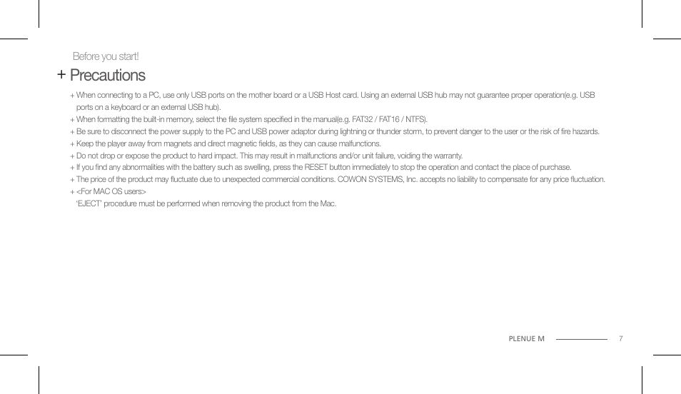Precautions | COWON PLENUE M User Manual | Page 7 / 25