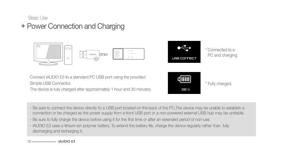 Power connection and charging | COWON iAUDIO E3 User Manual | Page 12 / 28