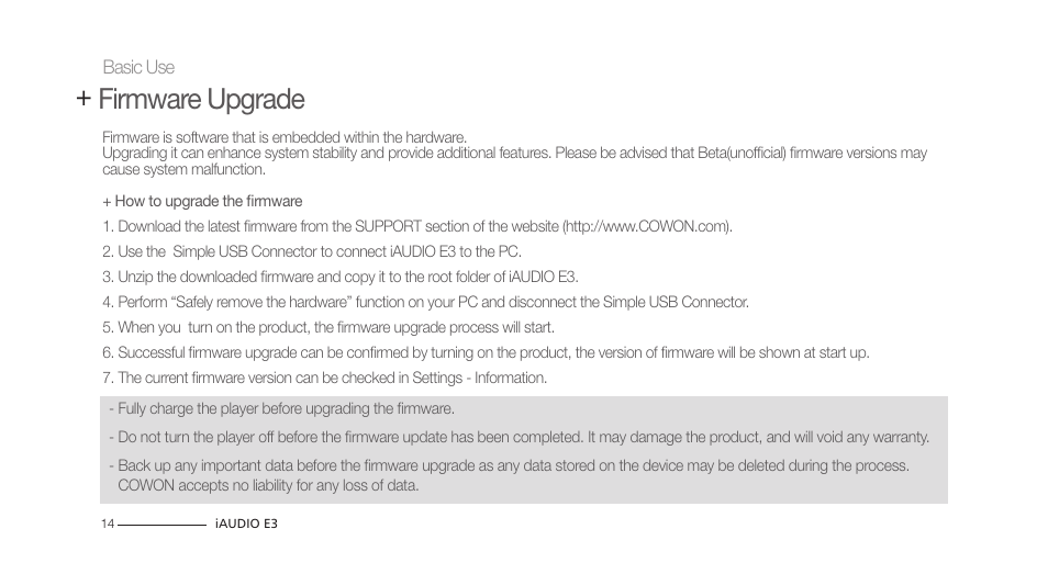 Firmware upgrade | COWON iAUDIO E3 User Manual | Page 14 / 28