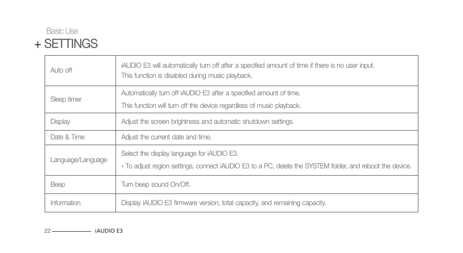 Settings | COWON iAUDIO E3 User Manual | Page 22 / 28