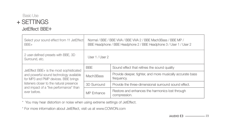 Settings | COWON iAUDIO E3 User Manual | Page 23 / 28