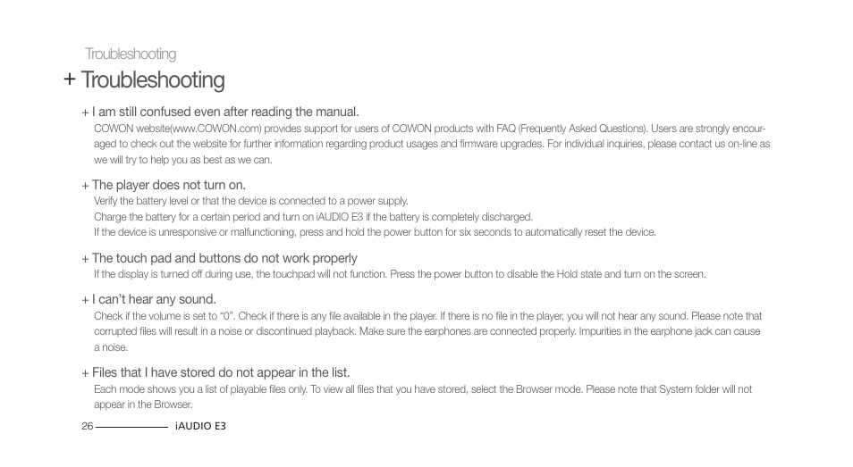 Troubleshooting | COWON iAUDIO E3 User Manual | Page 26 / 28