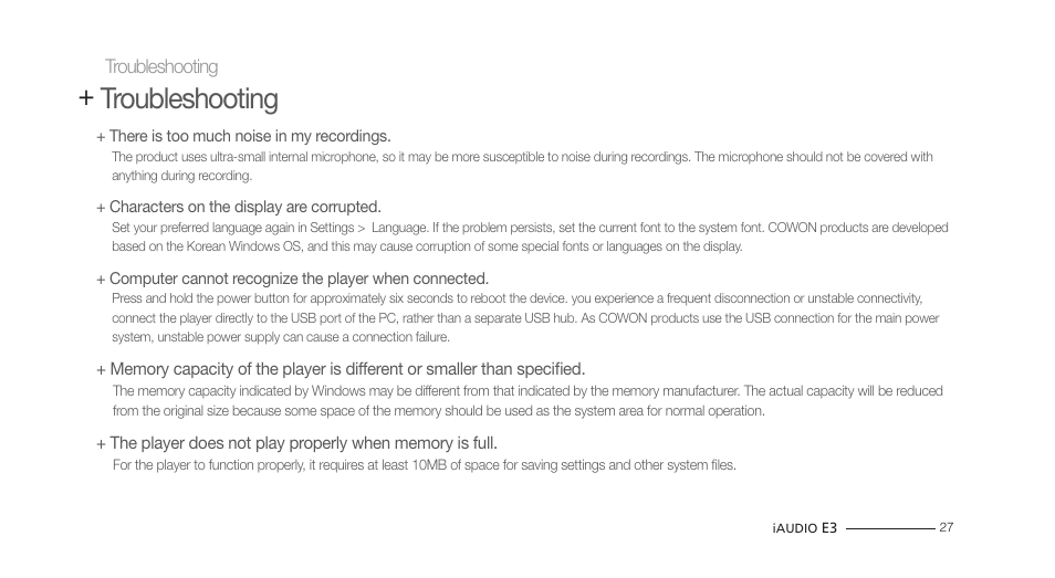 Troubleshooting | COWON iAUDIO E3 User Manual | Page 27 / 28