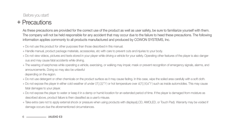 Precautions | COWON iAUDIO E3 User Manual | Page 6 / 28
