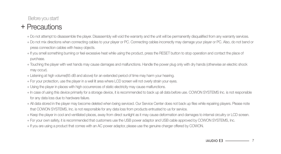Precautions | COWON iAUDIO E3 User Manual | Page 7 / 28