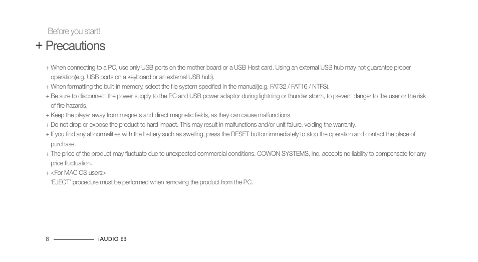 Precautions | COWON iAUDIO E3 User Manual | Page 8 / 28