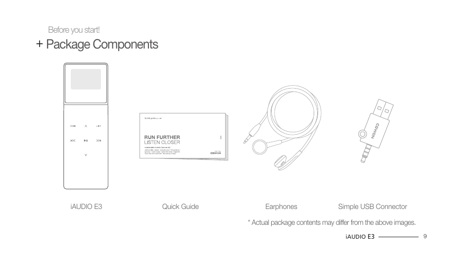 Package components | COWON iAUDIO E3 User Manual | Page 9 / 28