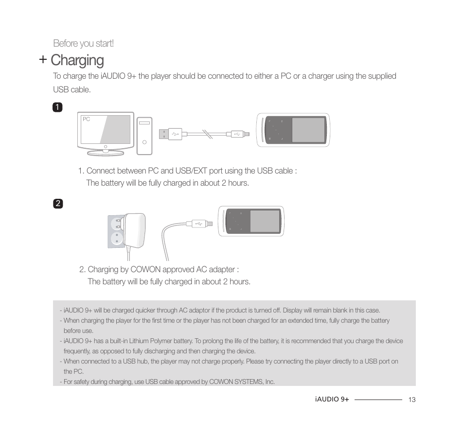 Charging | COWON iAUDIO9+ User Manual | Page 13 / 44