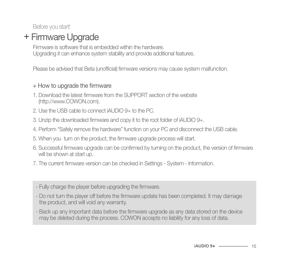 Firmware upgrade | COWON iAUDIO9+ User Manual | Page 15 / 44