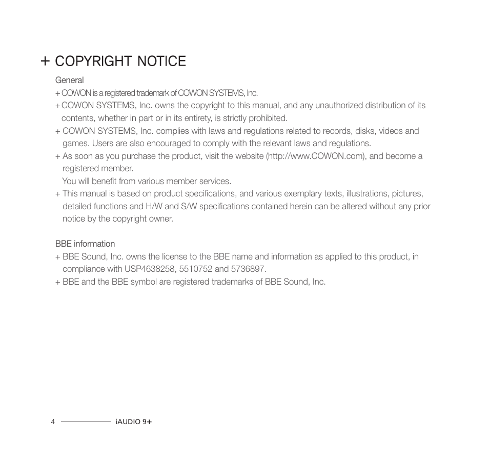 Copyright notice | COWON iAUDIO9+ User Manual | Page 4 / 44