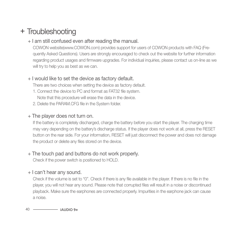 Troubleshooting | COWON iAUDIO9+ User Manual | Page 40 / 44