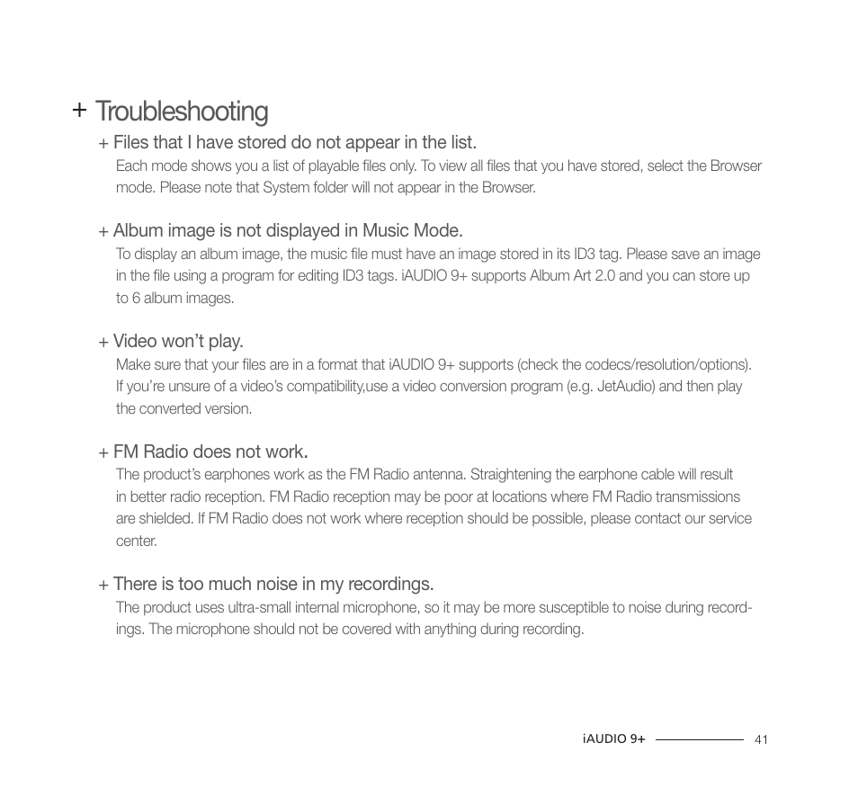 Troubleshooting | COWON iAUDIO9+ User Manual | Page 41 / 44