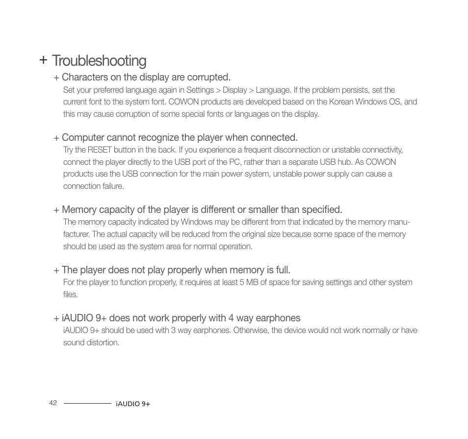 Troubleshooting | COWON iAUDIO9+ User Manual | Page 42 / 44