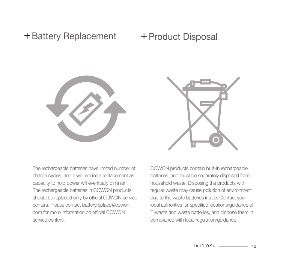 Battery replacement, Product disposal | COWON iAUDIO9+ User Manual | Page 43 / 44