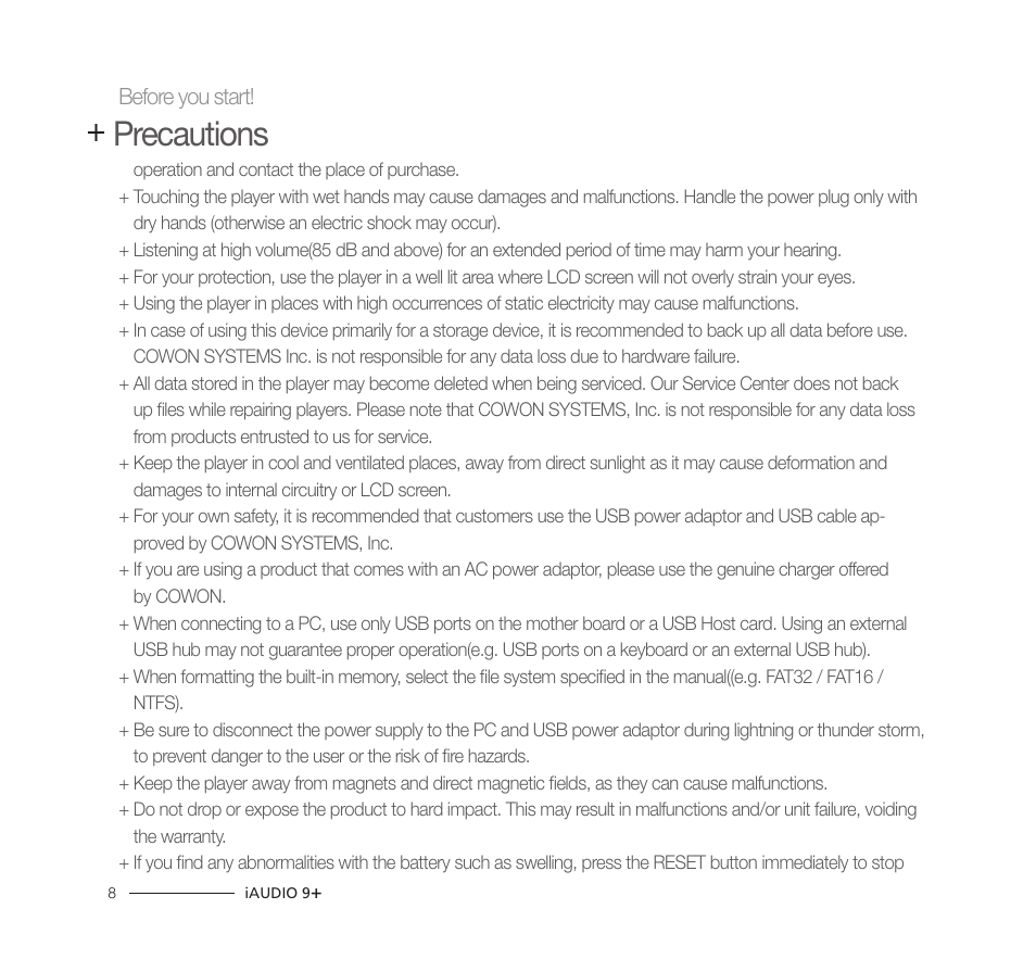 Precautions | COWON iAUDIO9+ User Manual | Page 8 / 44