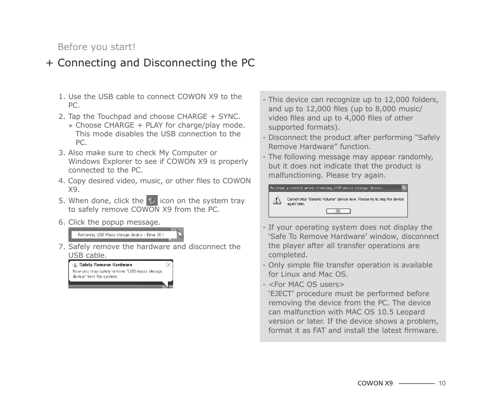 Connecting and disconnecting the pc | COWON X9 User Manual | Page 10 / 23