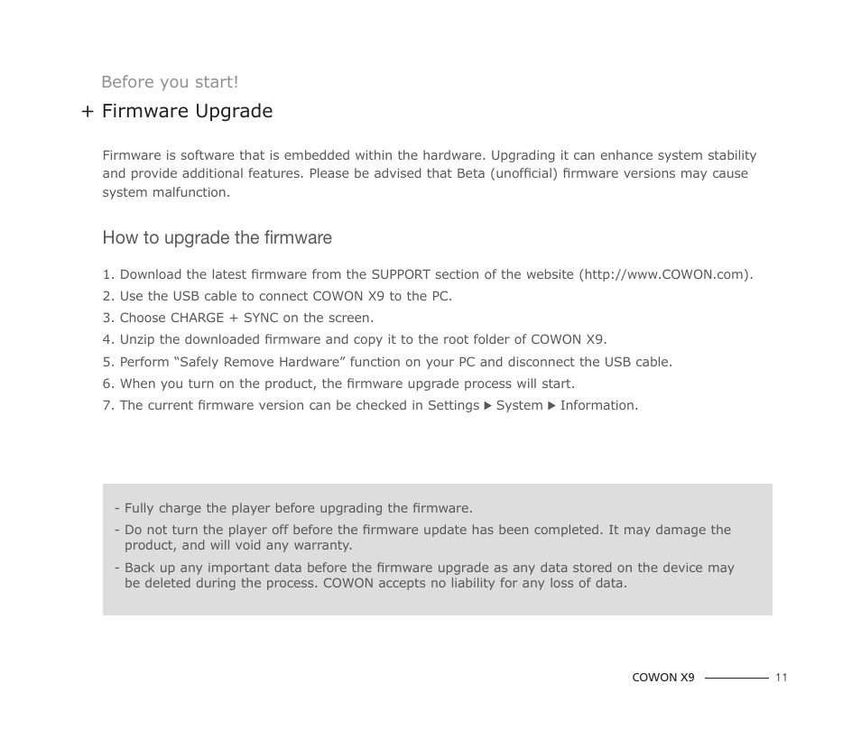 Firmware upgrade, How to upgrade the firmware | COWON X9 User Manual | Page 11 / 23