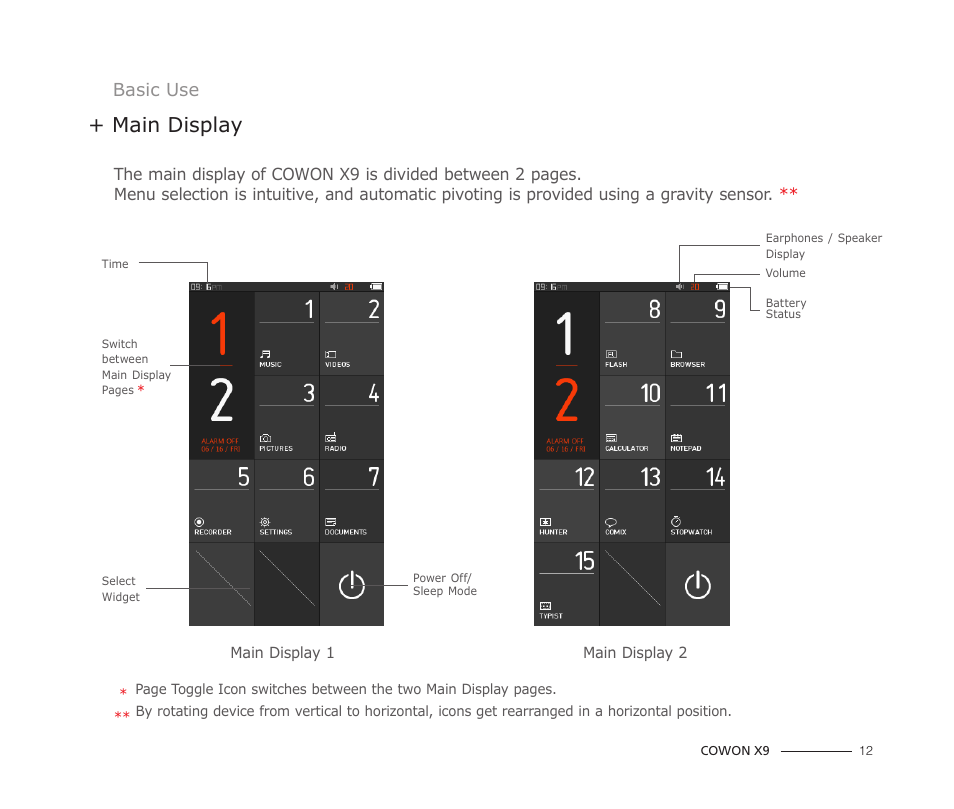 Main display, Basic use | COWON X9 User Manual | Page 12 / 23