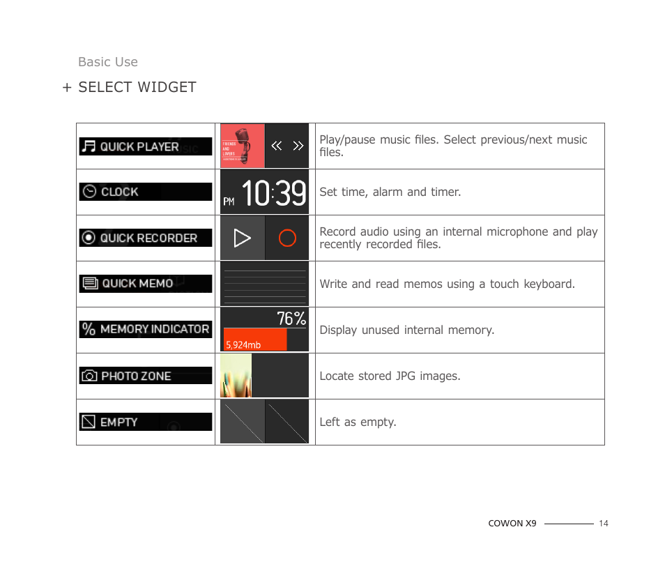 Select widget | COWON X9 User Manual | Page 14 / 23