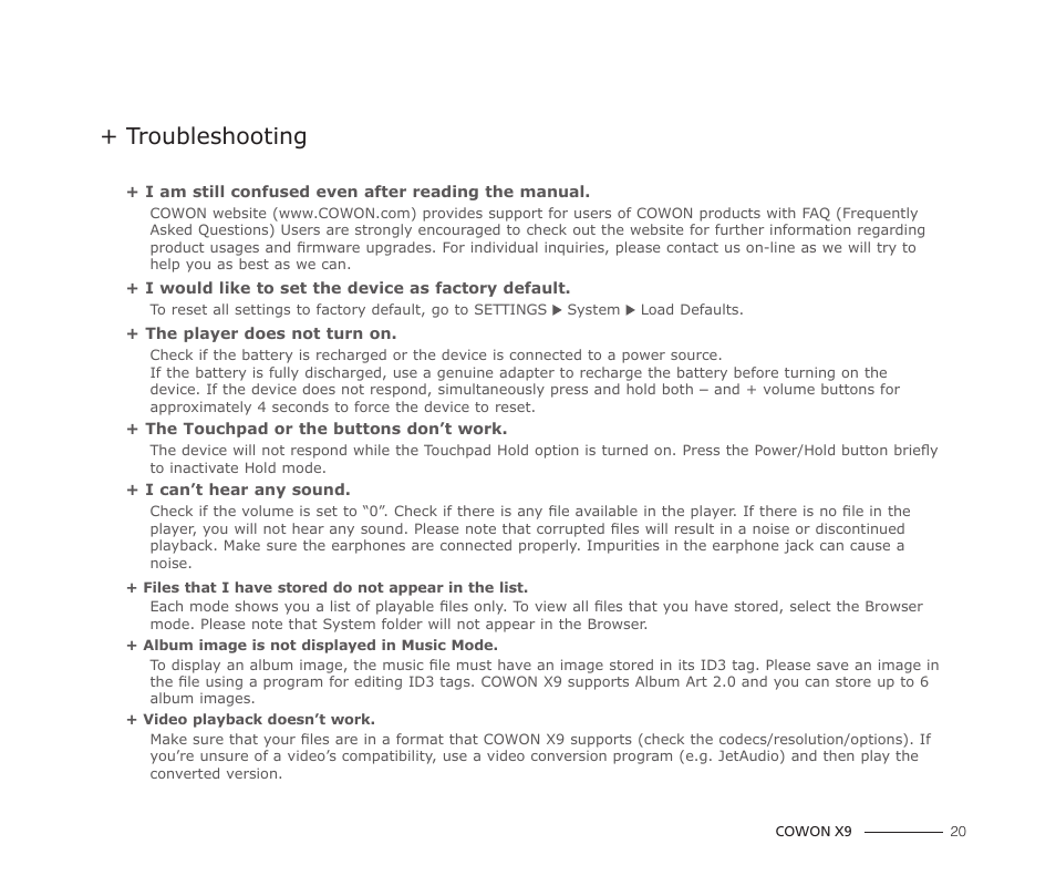 Troubleshooting | COWON X9 User Manual | Page 20 / 23