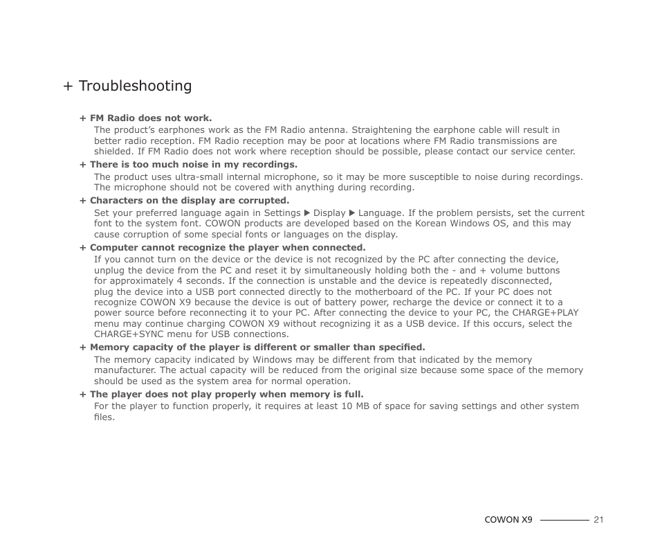 Troubleshooting | COWON X9 User Manual | Page 21 / 23