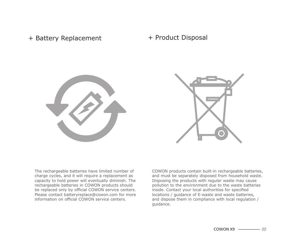 Battery replacement + product disposal | COWON X9 User Manual | Page 22 / 23