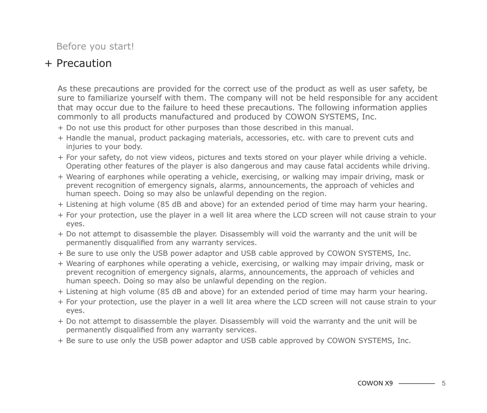 Precaution | COWON X9 User Manual | Page 5 / 23