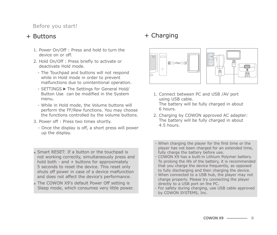 Buttons, Charging, Before you start | COWON X9 User Manual | Page 9 / 23