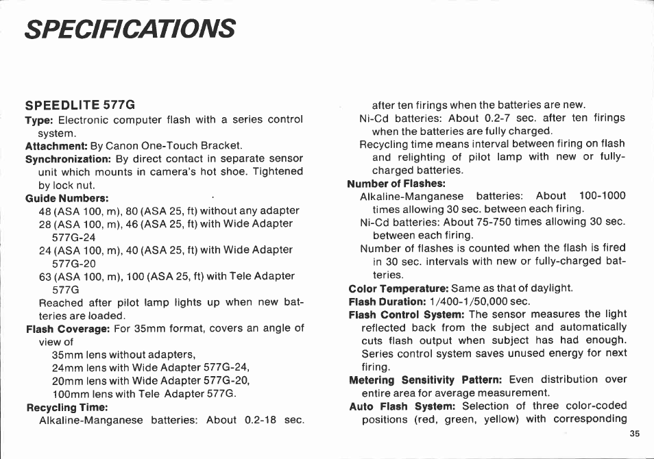 Use of 577g on camera without hot shoe | Canon 577 G User Manual | Page 35 / 49