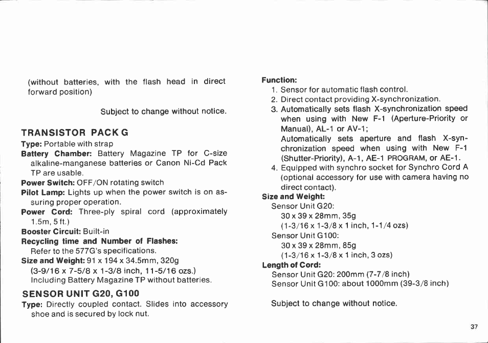 Wide adapter 577g-20, Sensor unit g100, Flash coupler f | Adapter for motor drive mf, Tele adapter 577g | Canon 577 G User Manual | Page 37 / 49