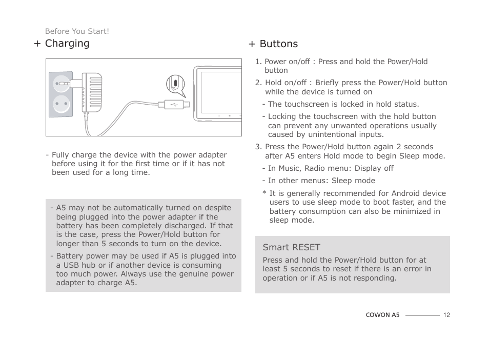 Charging, Buttons | COWON A5 User Manual | Page 12 / 28