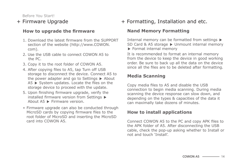 Firmware upgrade, Formatting, installation and etc | COWON A5 User Manual | Page 14 / 28